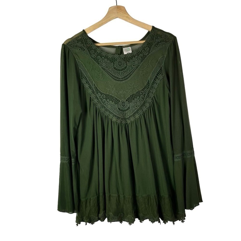 Boutique Green Lace Yoke‎ Relaxed Fit Long Sleeve Blouse S